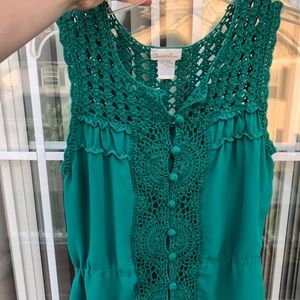 Emerald green crochet and chiffon tank